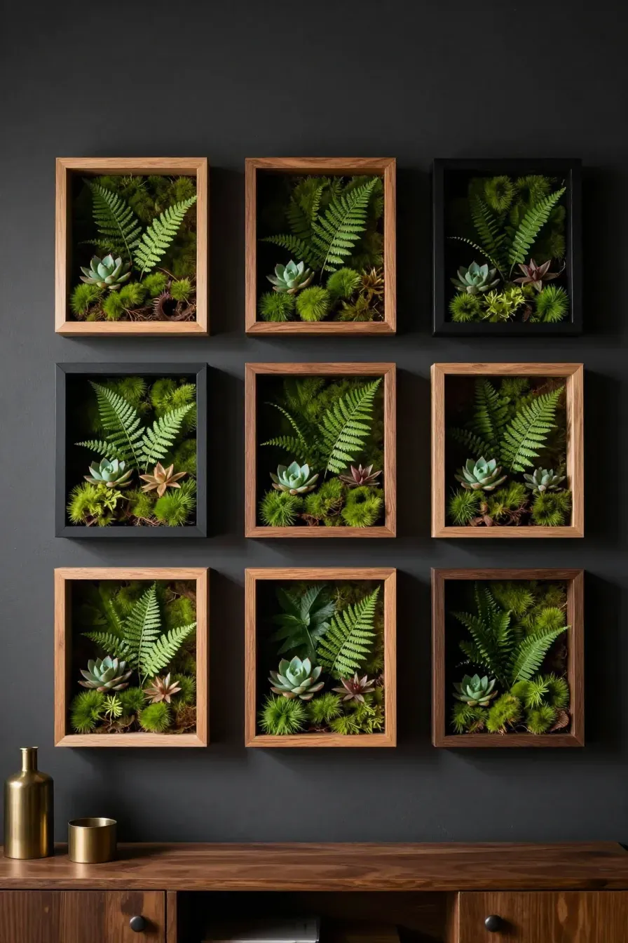 A gallery wall of wooden shadow boxes filled with artificial moss and ferns on a dark wall.