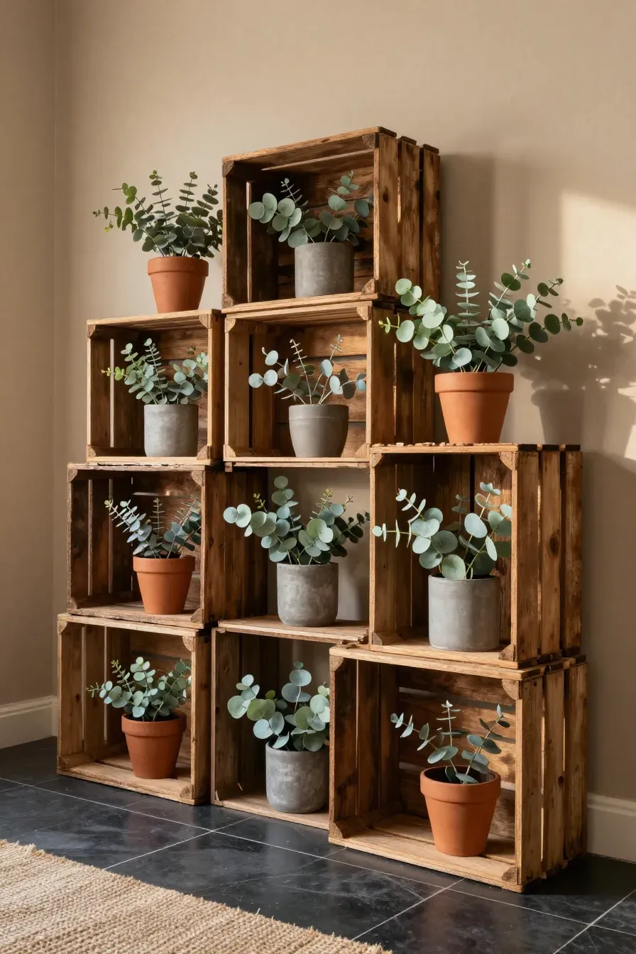 Rustic wooden crates stacked against a wall and filled with potted artificial eucalyptus plants.