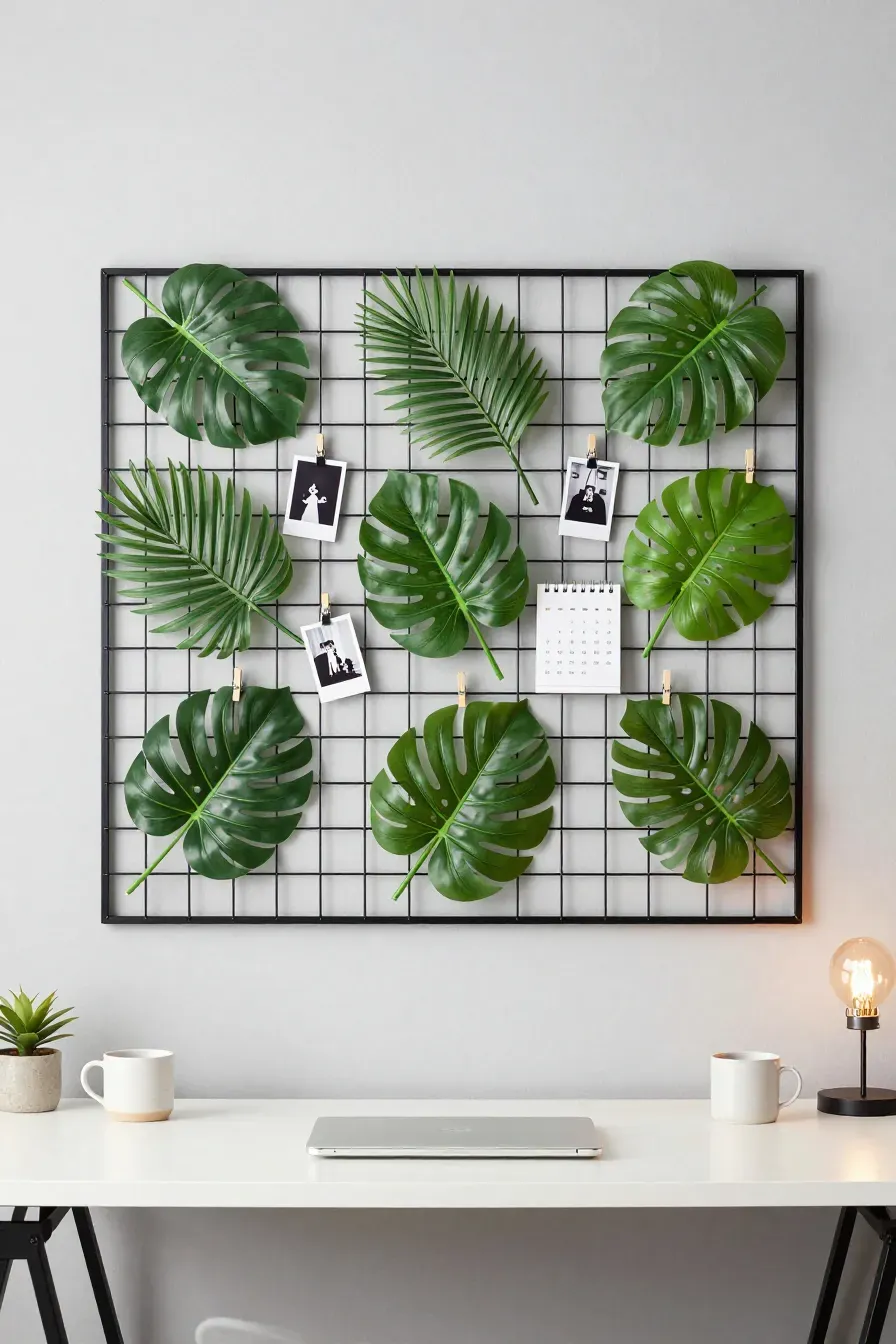 A black wire wall grid with artificial monstera leaves and photos clipped to it above a desk.