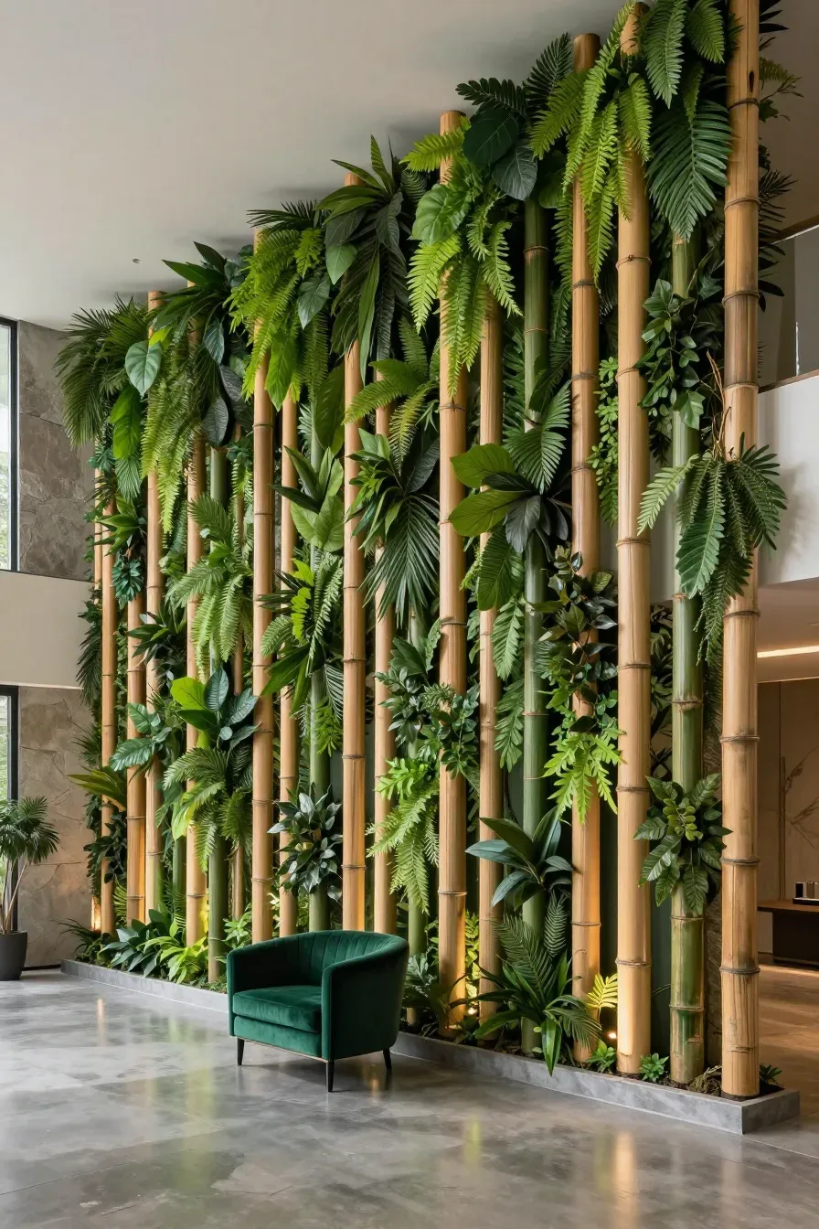 Vertical bamboo poles wrapped in lush artificial greenery creating a floor-to-ceiling wall feature.