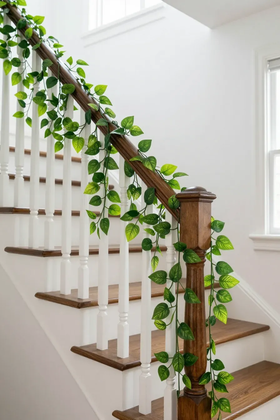 A wooden staircase railing wrapped in a lush green artificial pothos leaf garland.