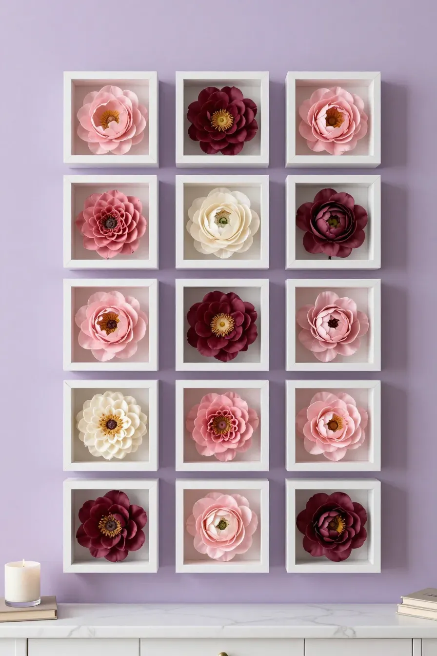 A grid of small white shadow boxes on a wall, each containing a single colorful silk flower.