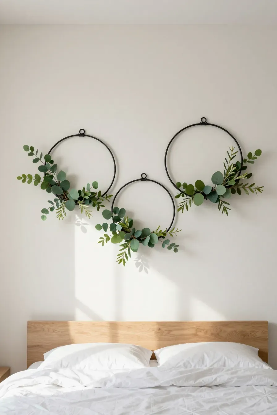 Three black metal hoops with faux eucalyptus sprays hanging on a white bedroom wall above a bed.