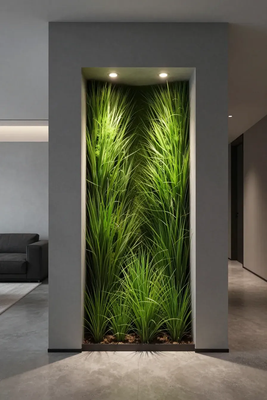 A modern gray wall with a recessed niche filled with glowing green artificial grass under spotlights.