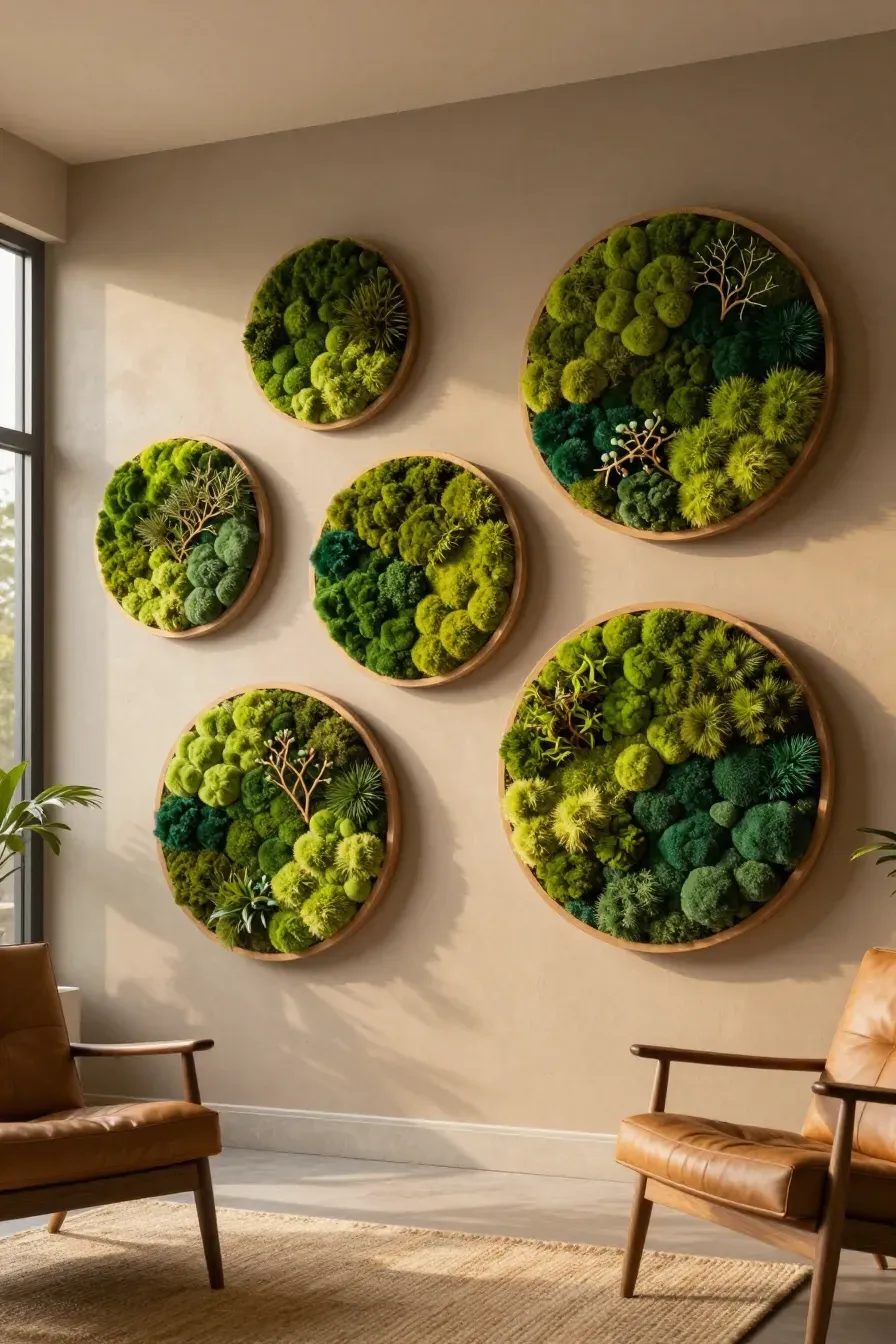 A collection of round wooden frames filled with various green mosses on a taupe living room wall.