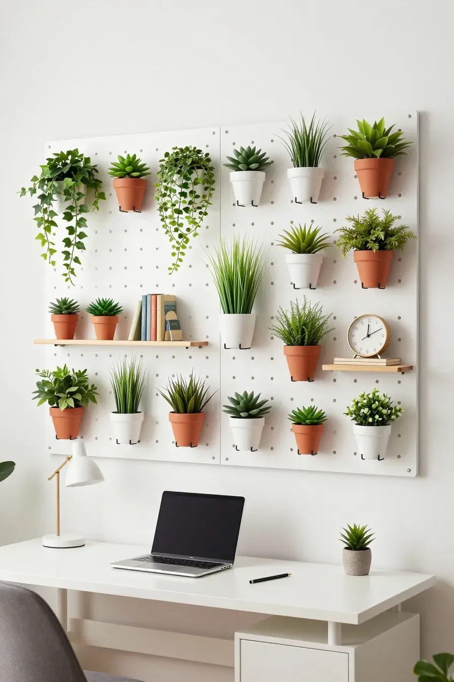 A white pegboard wall covered in small potted artificial plants above a clean modern desk.