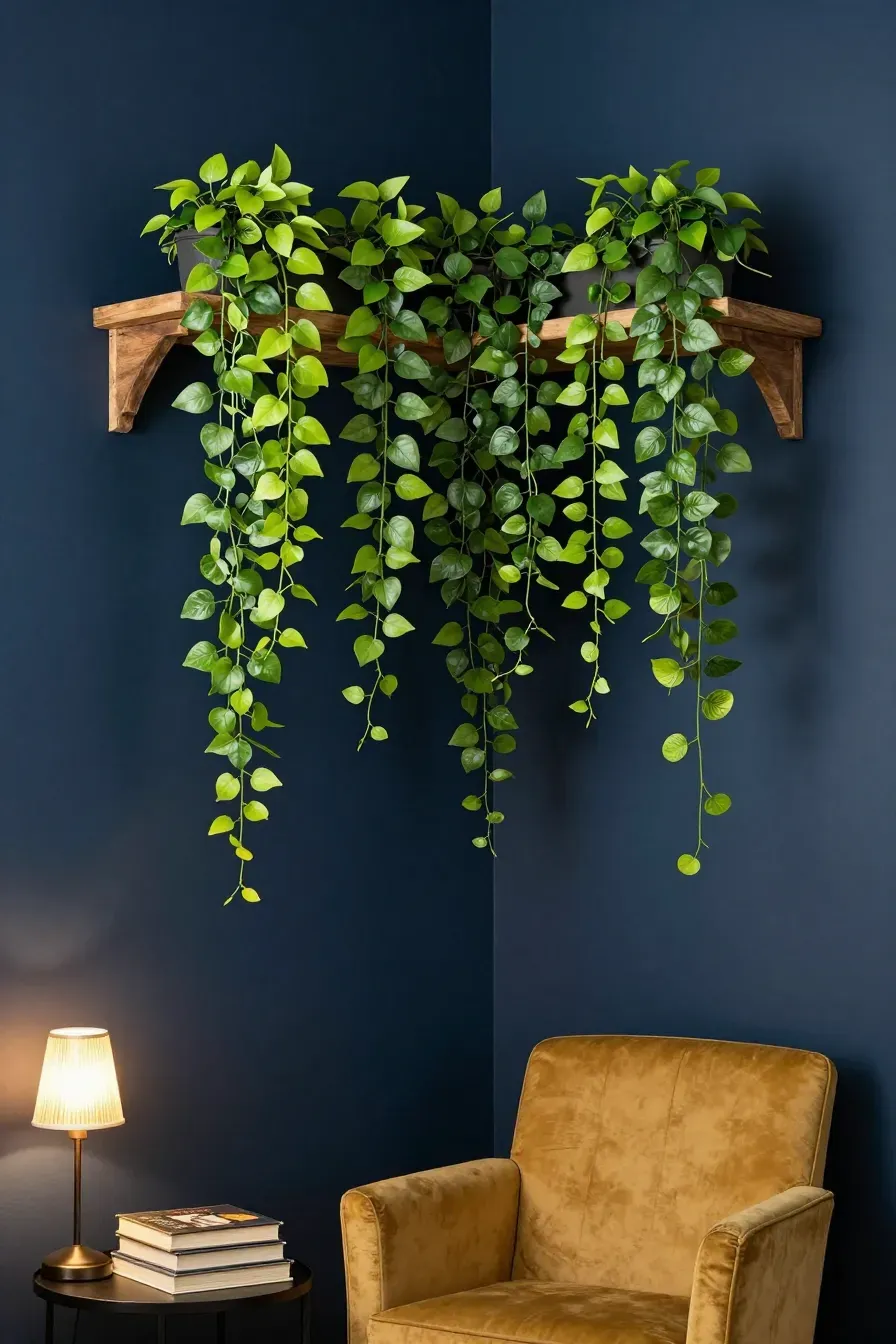 Long bright green faux vines cascading down from a high corner shelf in a navy blue room.