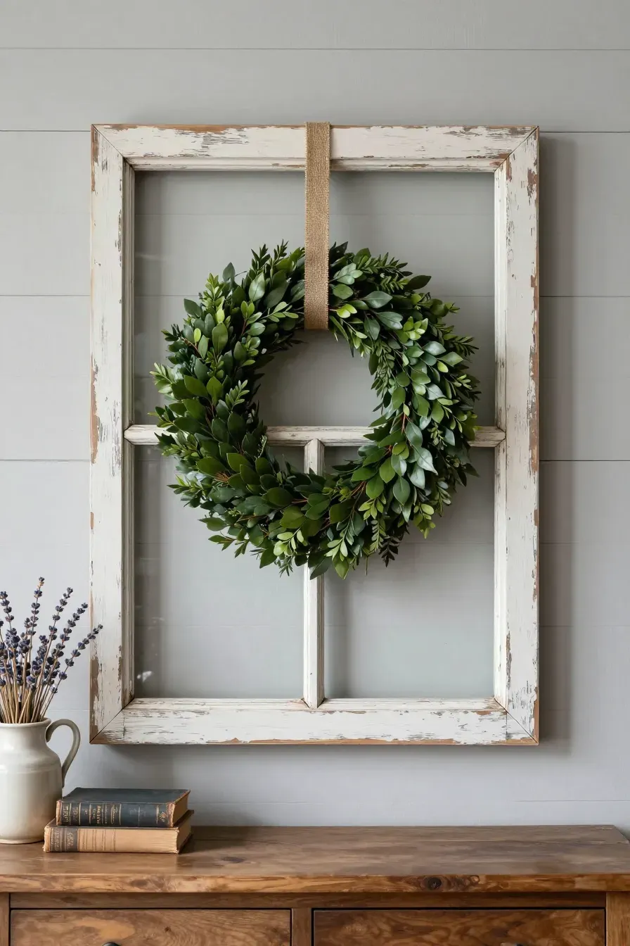 A weathered white window frame with a green boxwood wreath hanging in the center on a shiplap wall.
