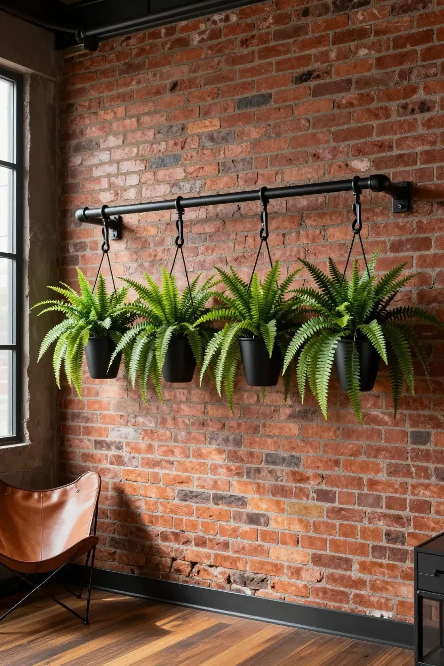Black industrial pipes on a brick wall holding hanging pots of lush green artificial ferns.