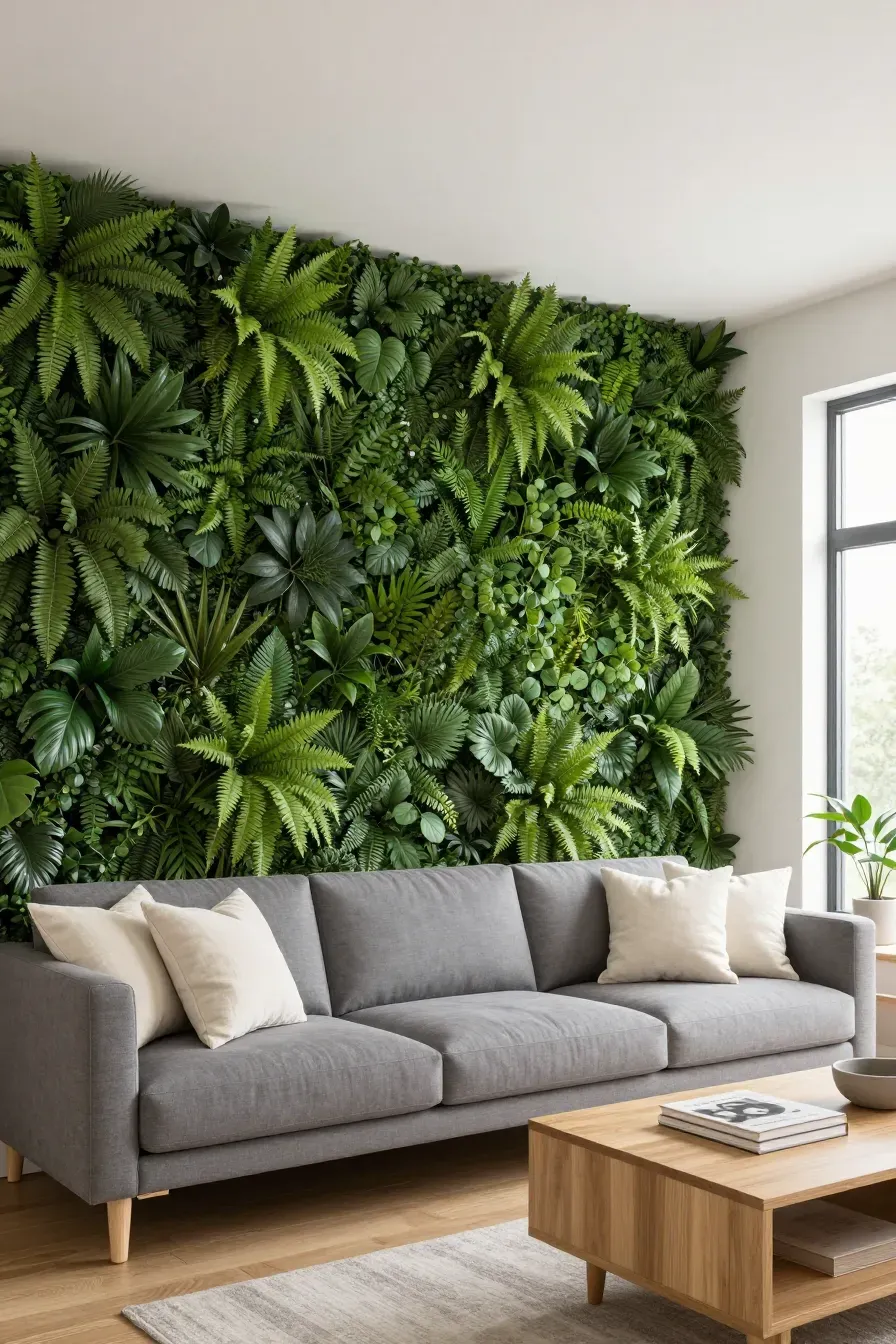 A full-scale faux greenery wall behind a gray sofa in a bright, modern living room.