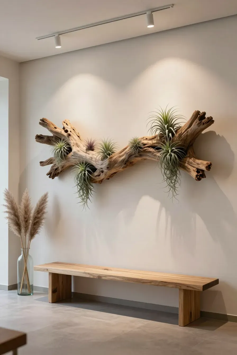 A large driftwood branch with faux air plants mounted on a white wall above a console table.