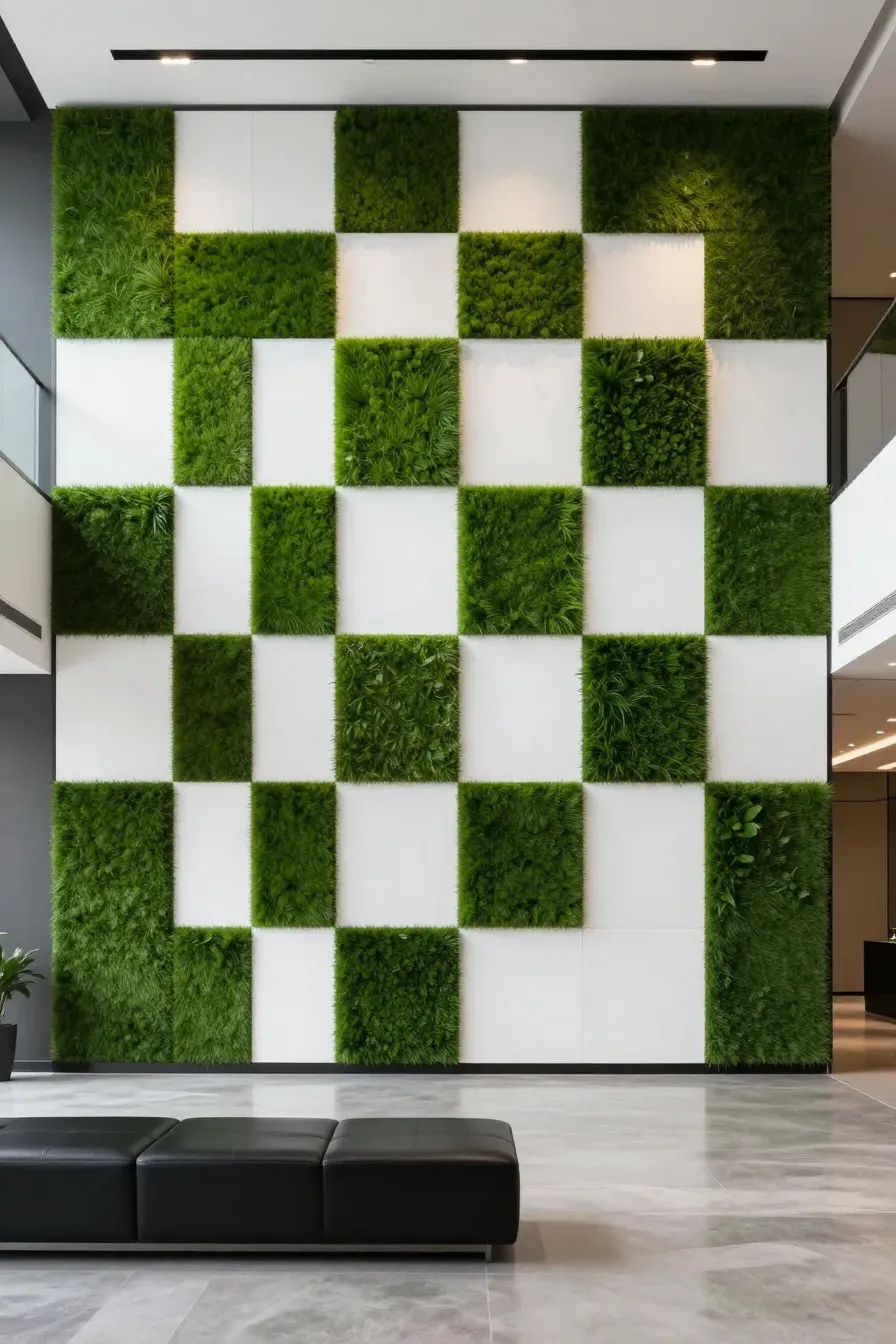 A modern wall featuring a checkerboard pattern of artificial grass squares and white wall space.