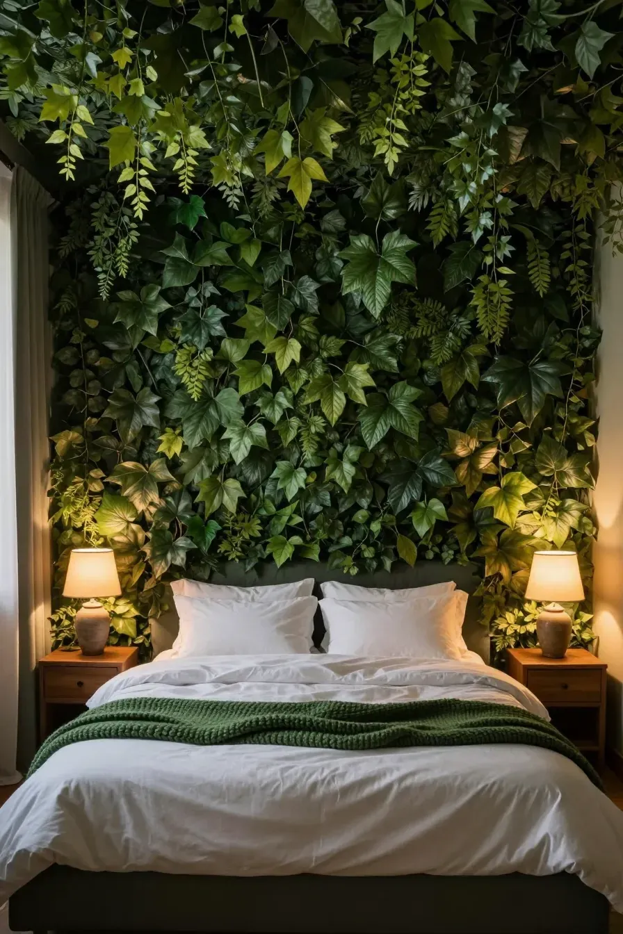 A bedroom featuring a full wall of artificial ivy acting as a lush headboard behind a bed.