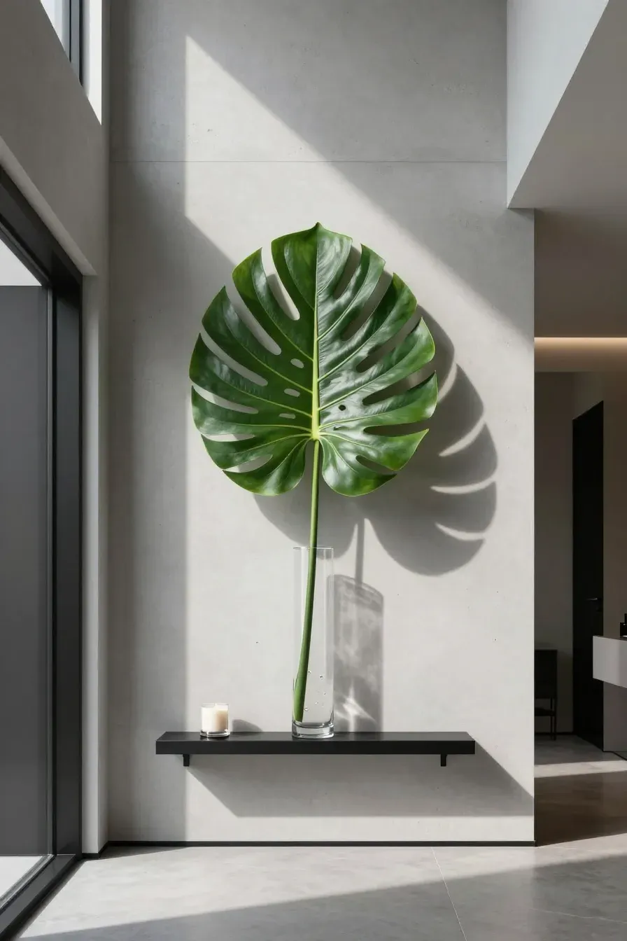 A single artificial monstera leaf in a wall-mounted glass vase on a minimalist gray wall.