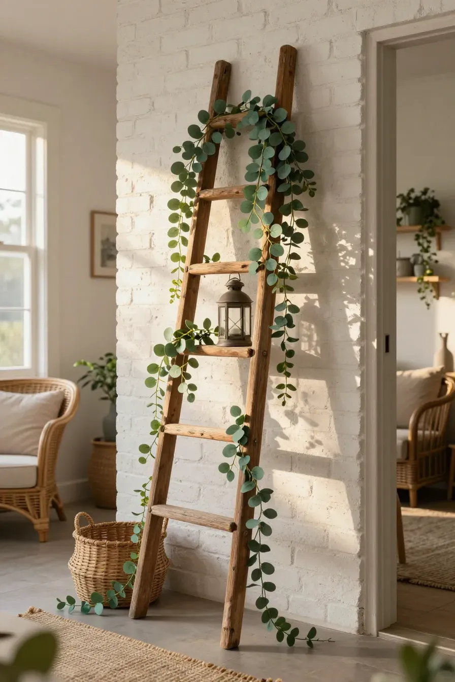 A rustic wooden ladder leaning against a brick wall, decorated with draped faux eucalyptus vines.