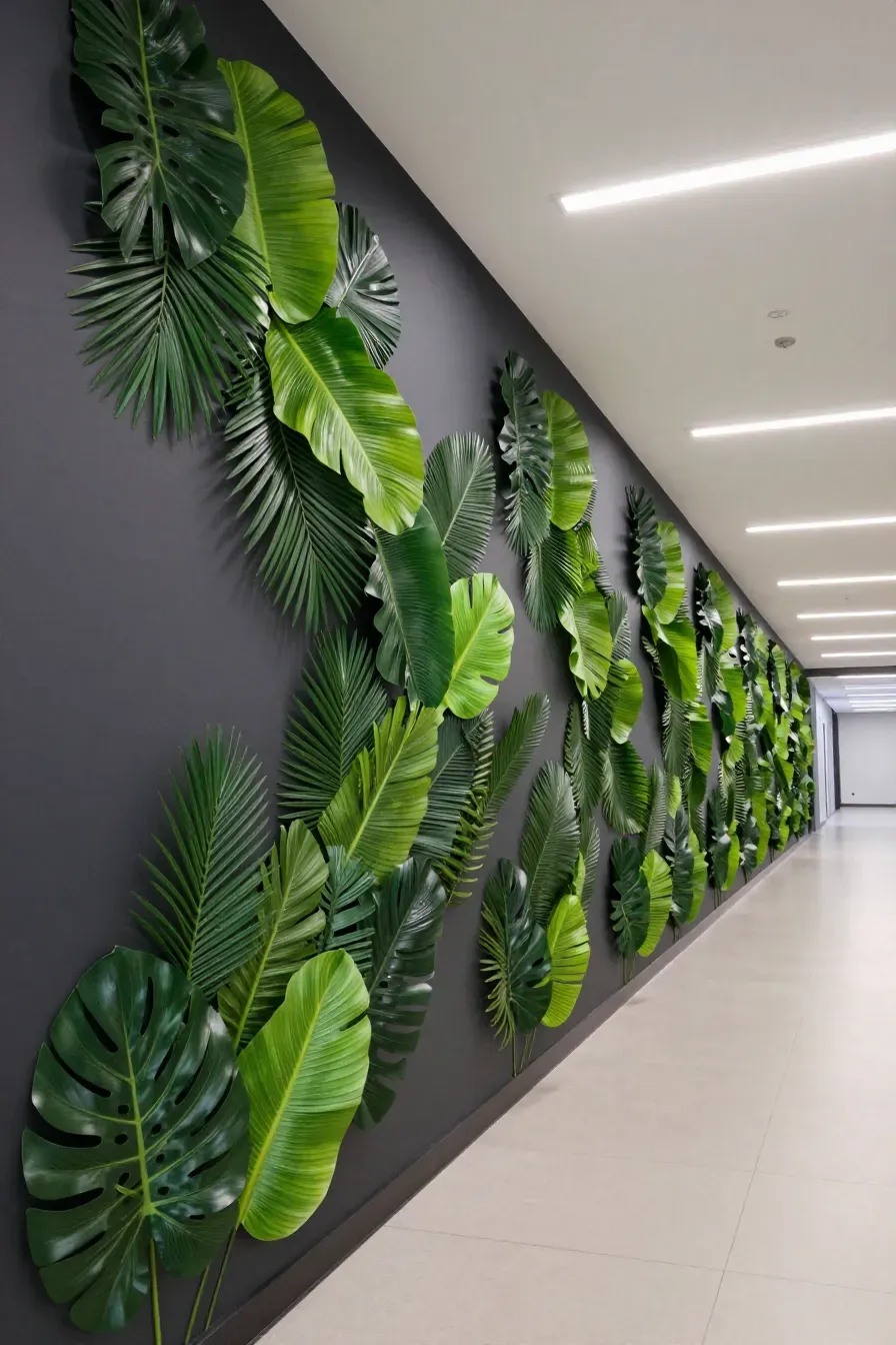 A long hallway wall featuring a zig-zag pattern of various artificial tropical leaves.