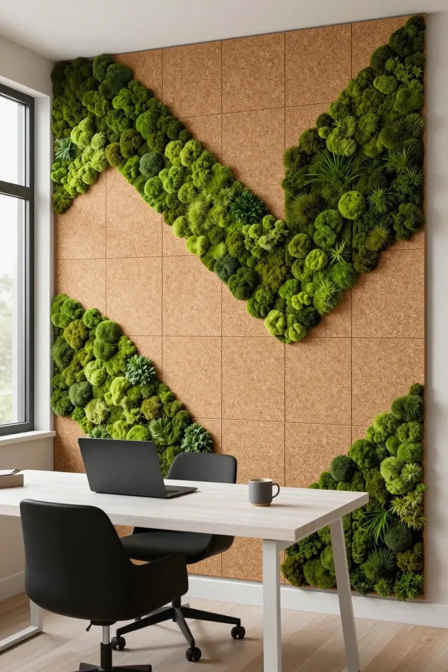 A home office wall featuring a grid of cork tiles and green faux moss in a chevron pattern.