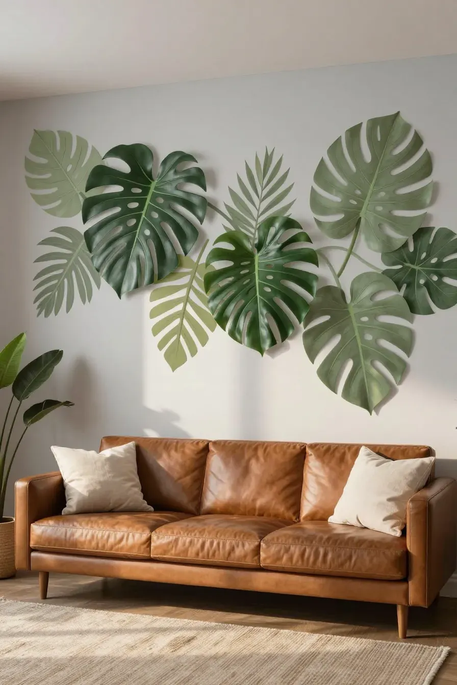 A living room wall with leaf decals and 3D artificial leaves mounted over a leather sofa.