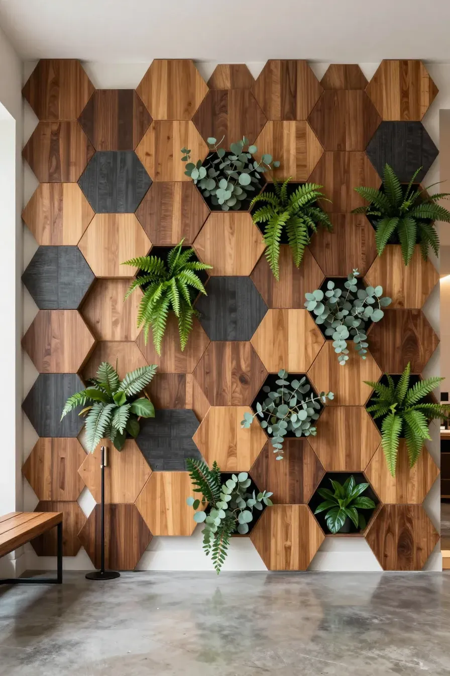 A modern wall featuring a honeycomb pattern of wood tiles with some sections filled with faux plants.