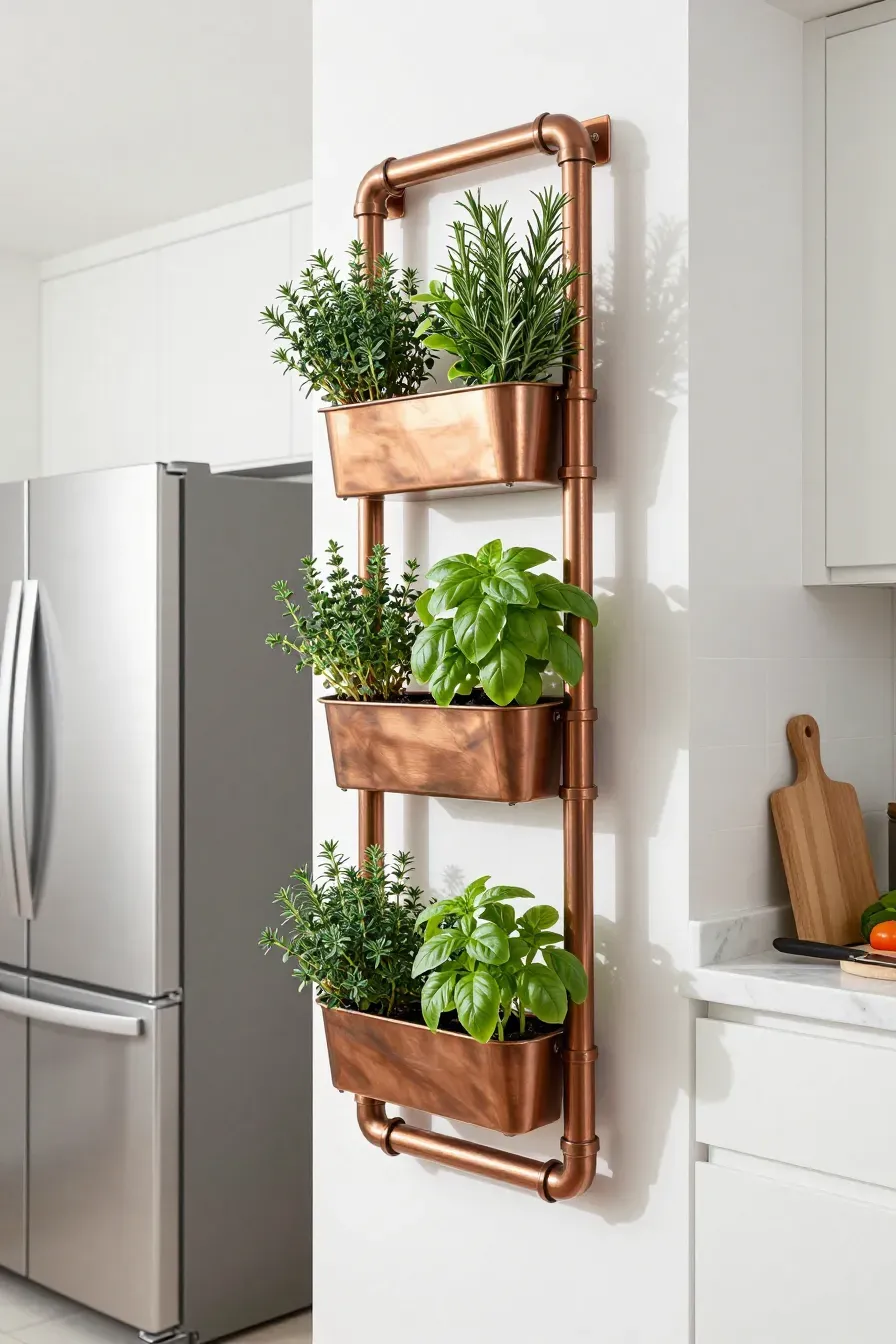 A kitchen wall with copper-painted vertical pipes holding artificial rosemary and basil plants.