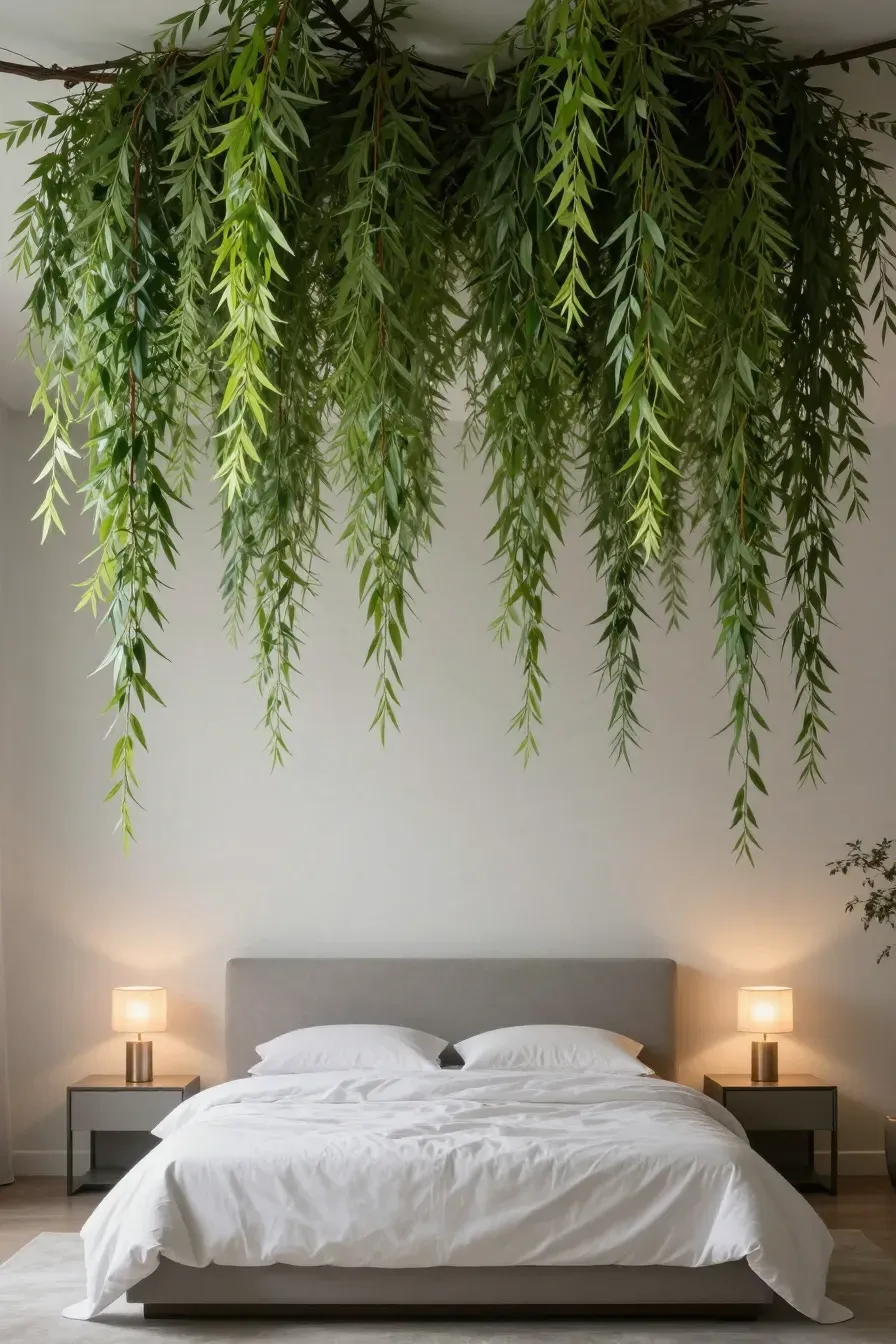 A bedroom with long artificial willow branches hanging from the ceiling down the wall behind a bed.