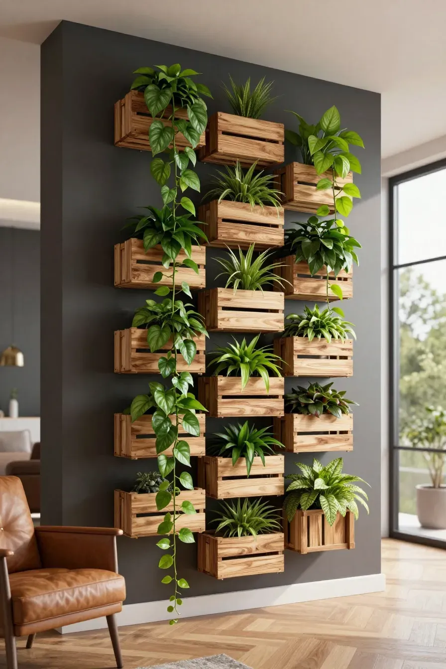 A vertical DIY plant wall made of staggered cedar crates with trailing Pothos vines in a living room.