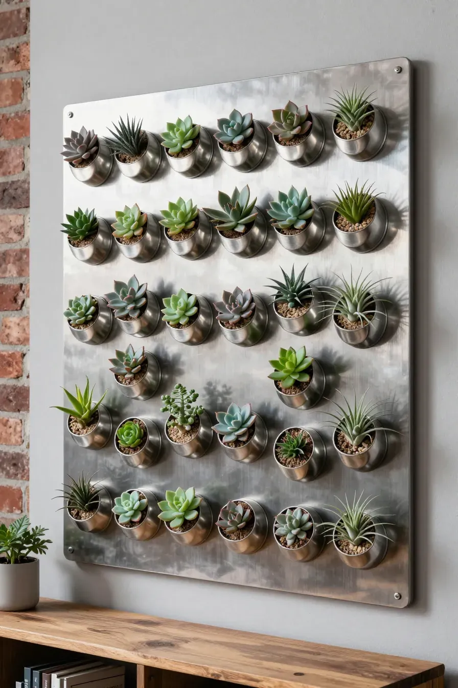 Small magnetic metal tins filled with succulents arranged on a dark metal wall board.