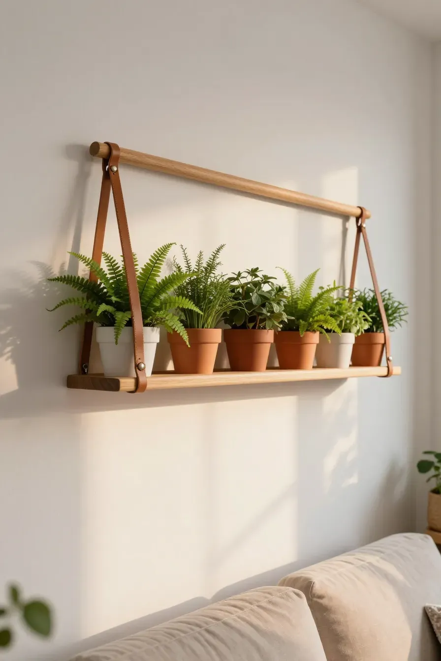 A wooden dowel suspended by leather straps on a wall holding several hanging potted plants.