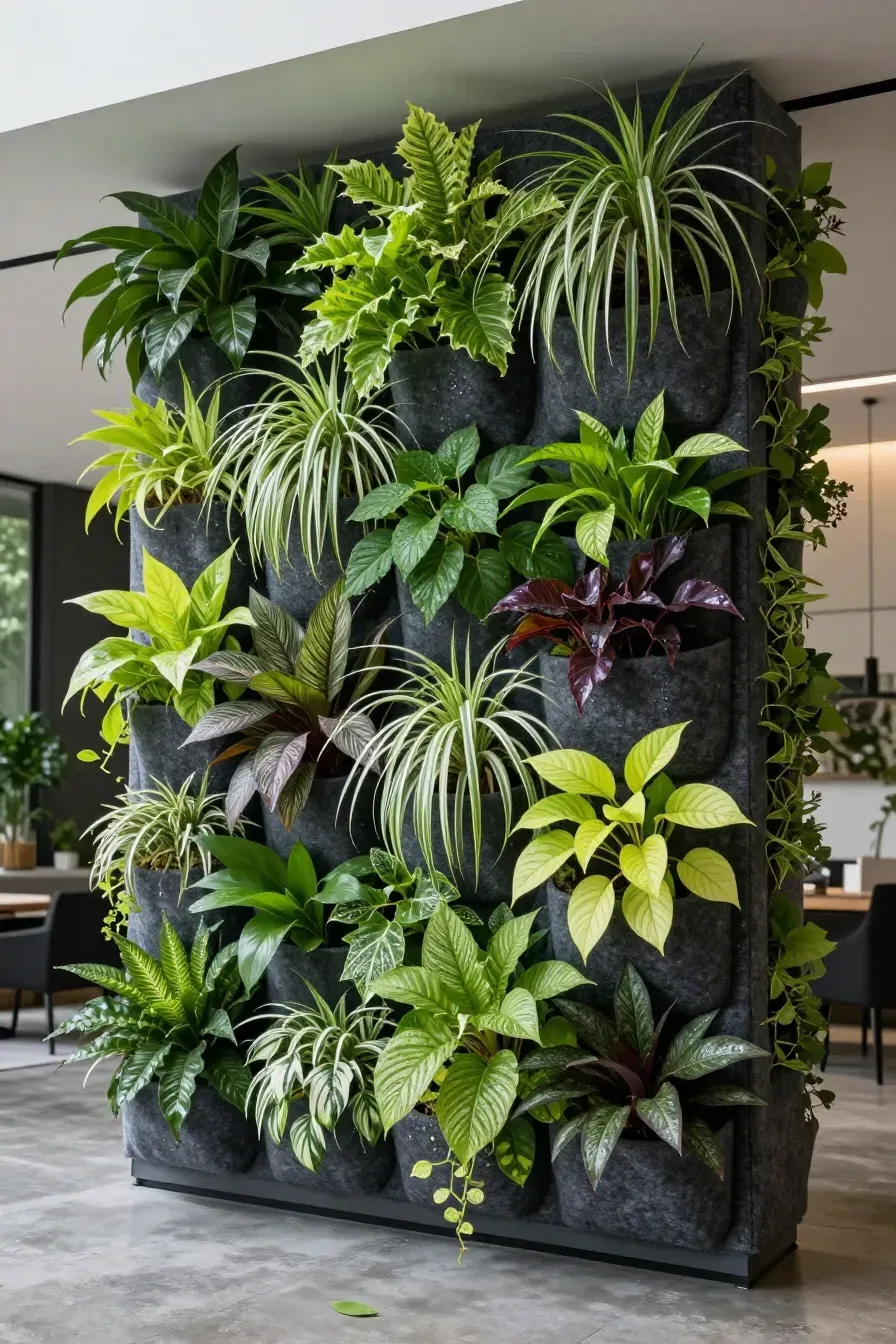 A full living accent wall made of felt pockets overflowing with diverse green indoor plants.