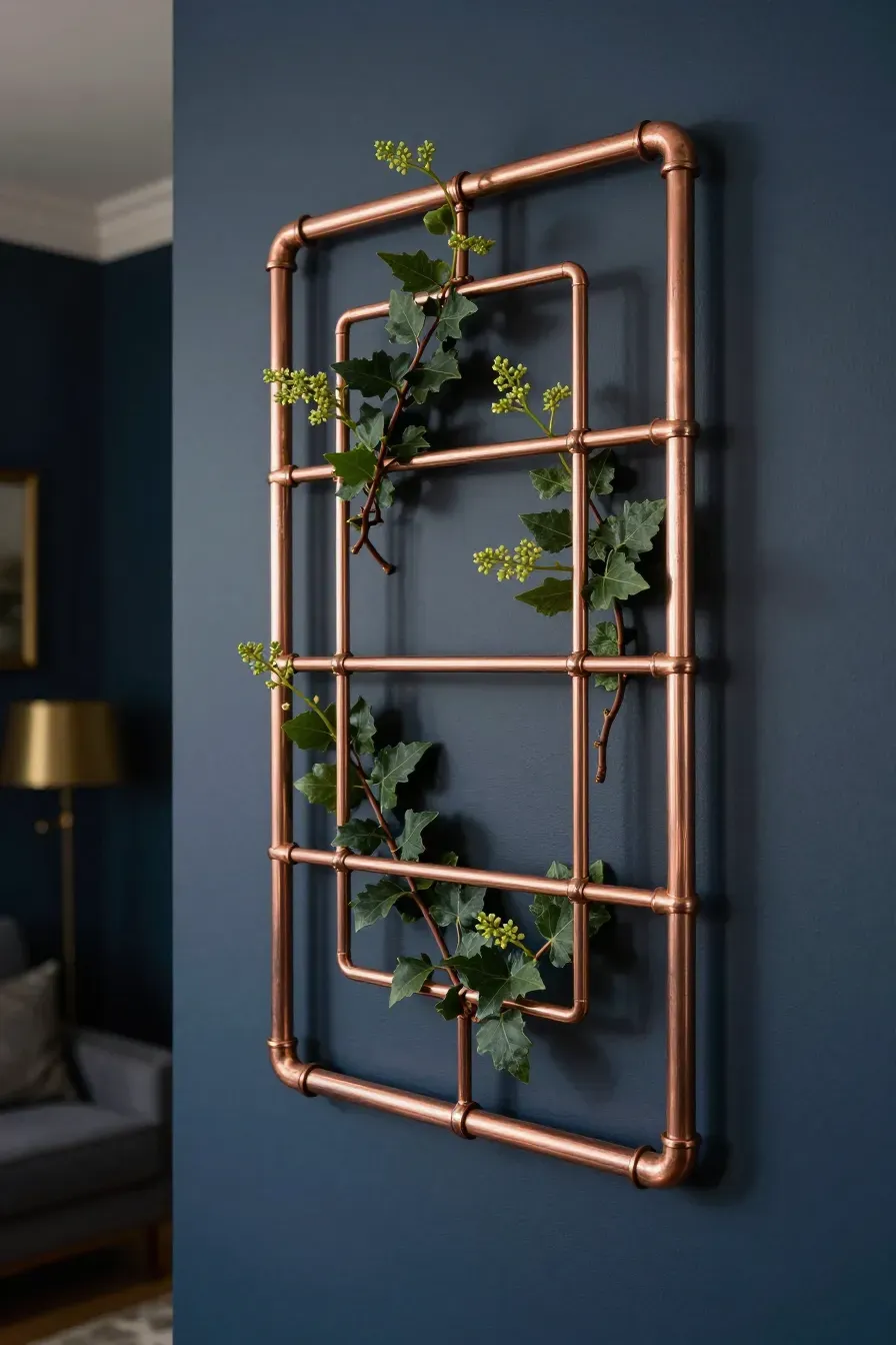 A geometric copper pipe trellis mounted on a blue wall with climbing ivy and hoya plants.
