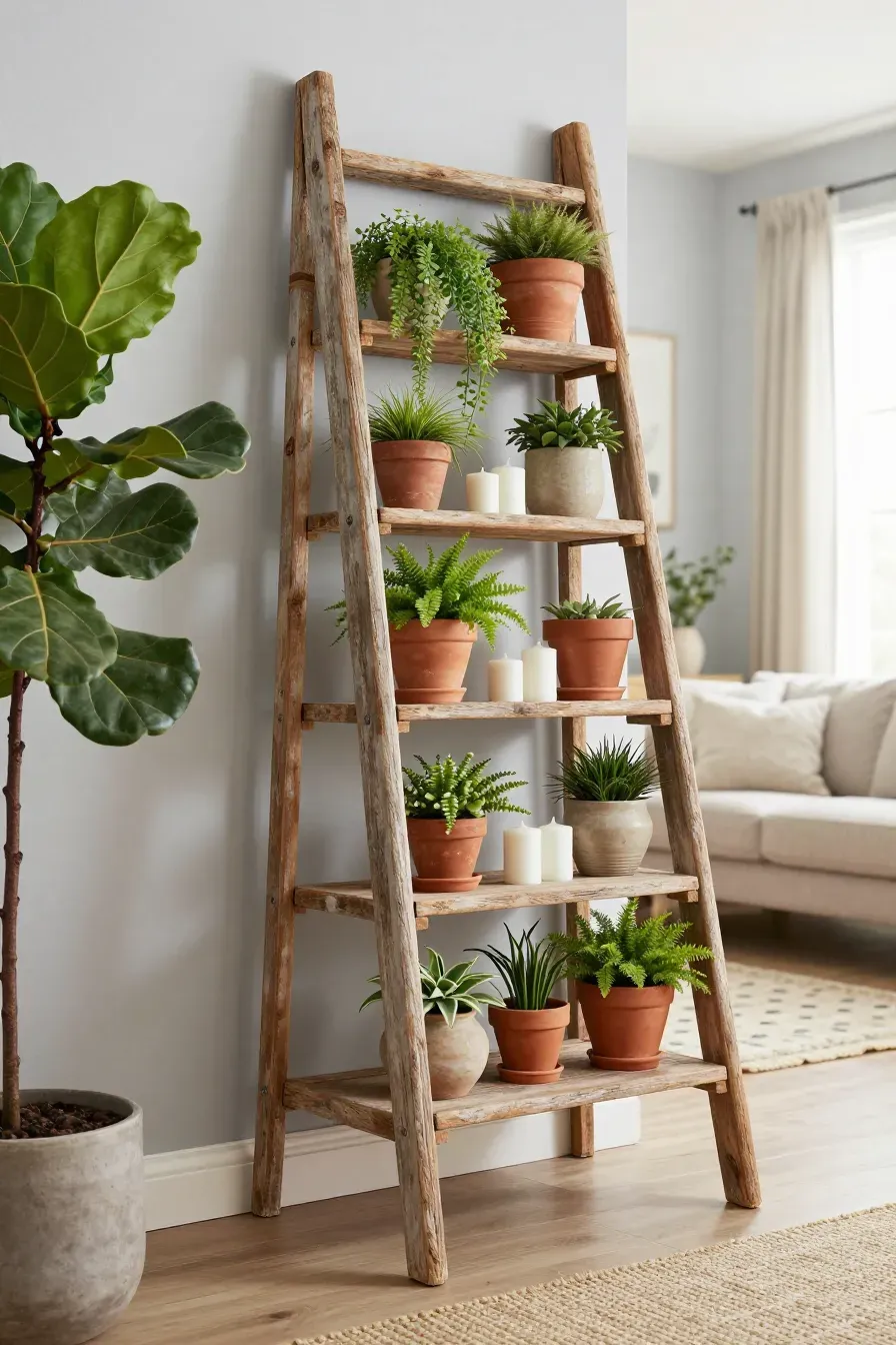 A vintage wooden ladder used as a multi-level shelf for various potted plants in a living room.