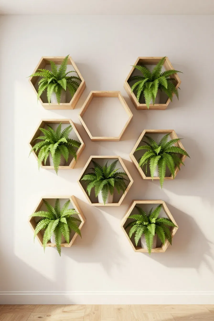 Hexagon-shaped wooden floating shelves on a wall containing lush green ferns.