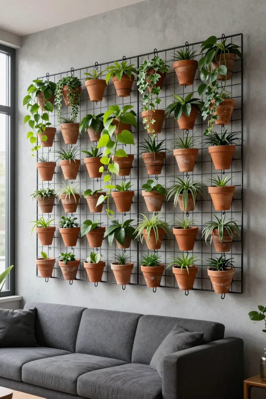 A large black wire grid on a gray wall holding many terracotta pots with green plants.