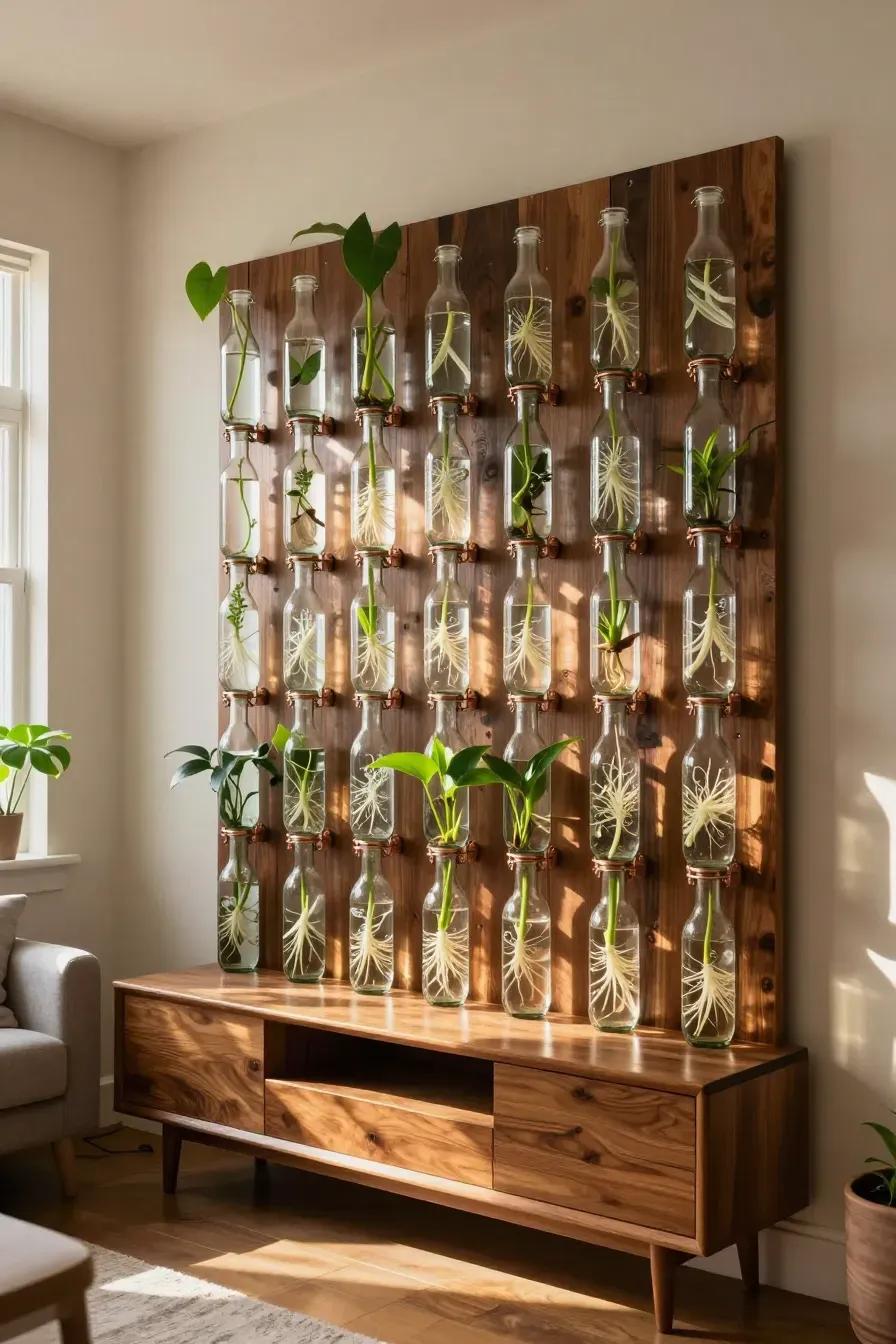Glass bottles with plant cuttings mounted on a dark wood board in a sunlit room.