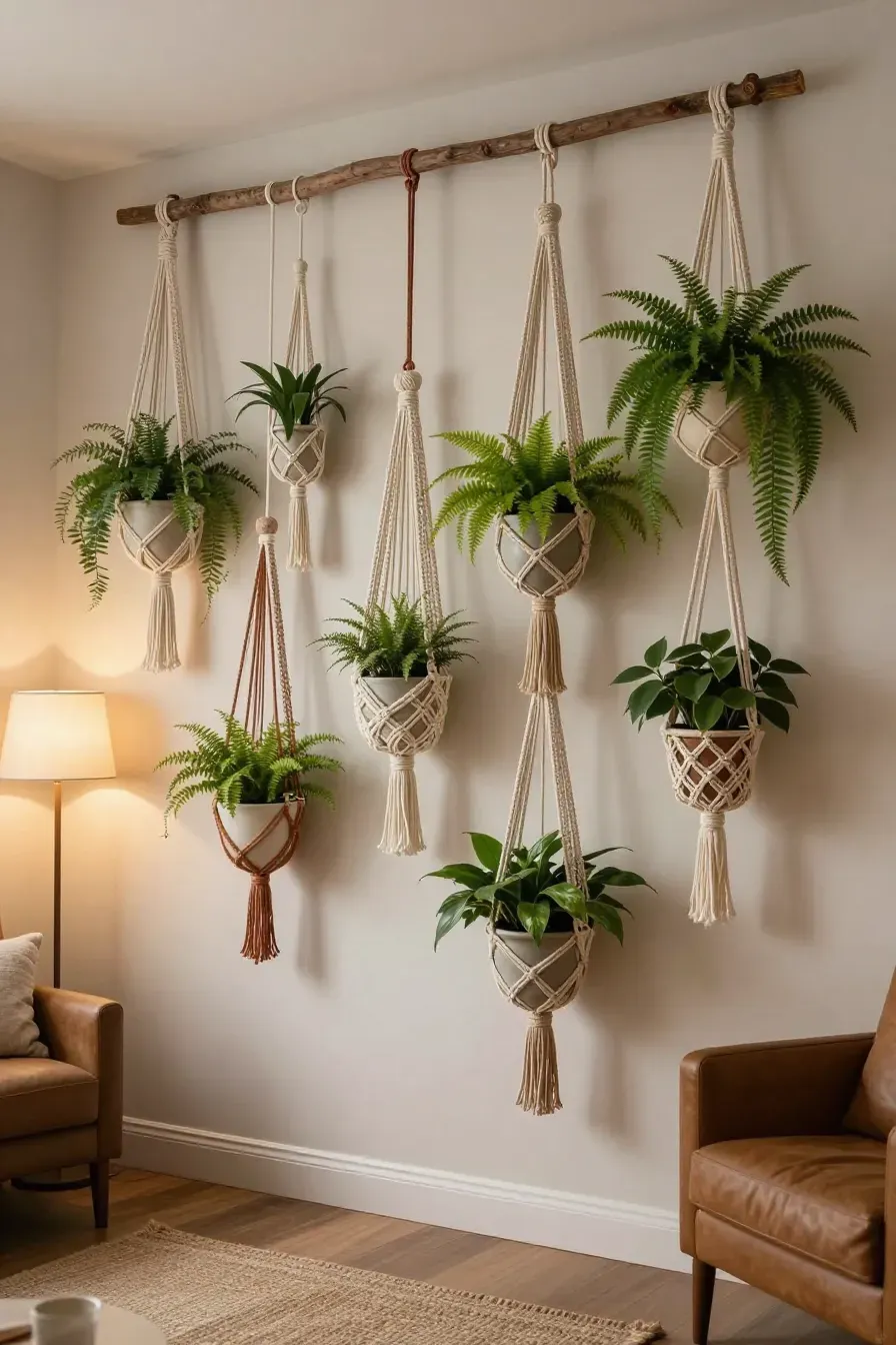 Multiple macrame plant hangers with green plants hanging at different heights on a wall.