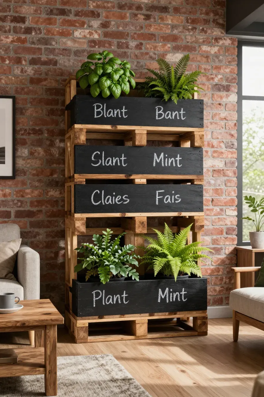 A wooden pallet turned into a vertical planter with chalkboard labels on a brick wall.