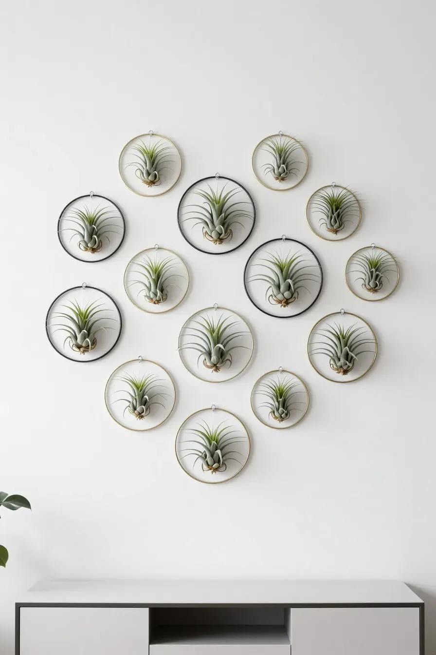 Geometric black and gold metal hoops with air plants hanging on a plain white wall.
