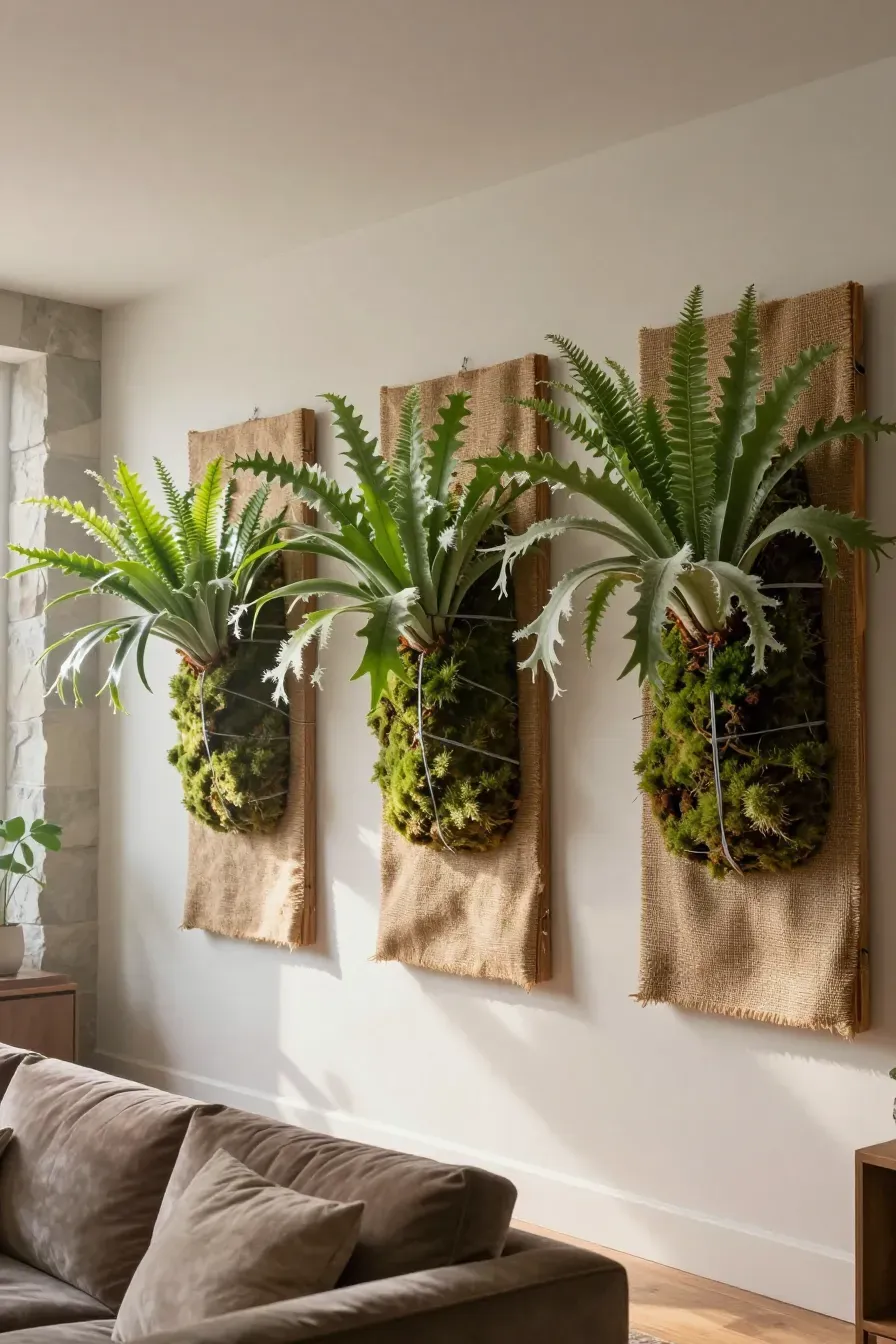 Large staghorn ferns mounted on wooden boards with burlap, hanging on a living room wall.