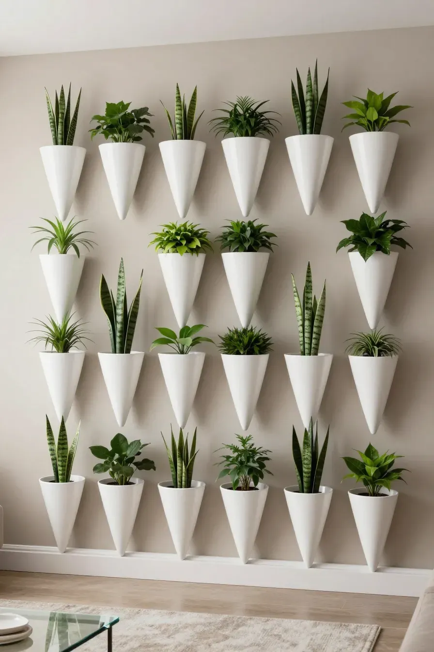 A neat grid of white cone-shaped planters with green plants on a neutral colored wall.