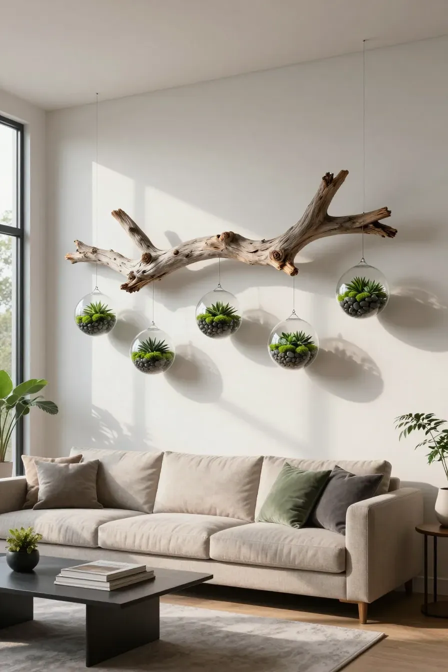 A large driftwood branch mounted on a living room wall with hanging glass terrariums.