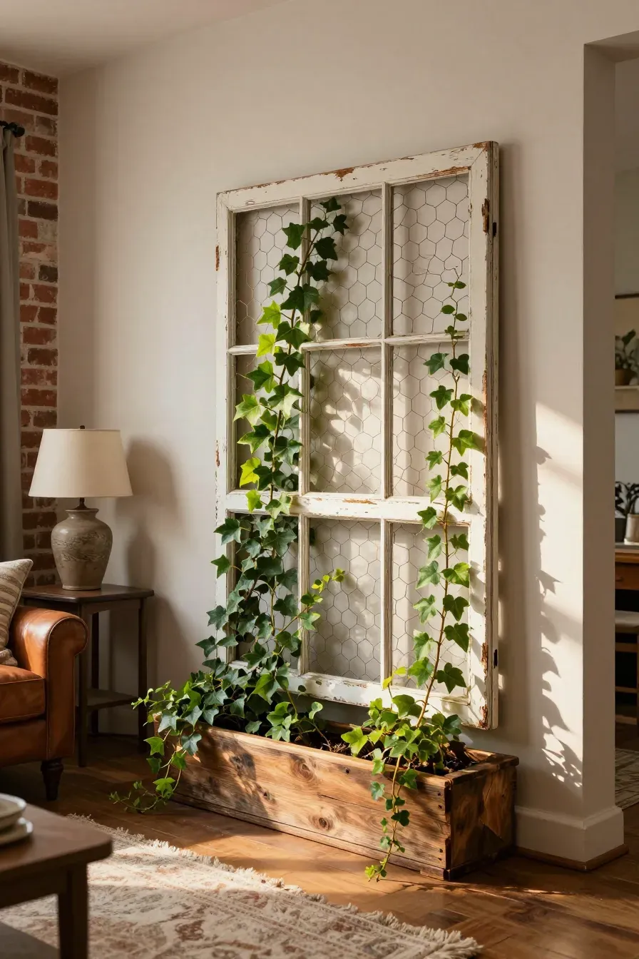 A vintage window frame with chicken wire trellis and climbing ivy on a living room wall.