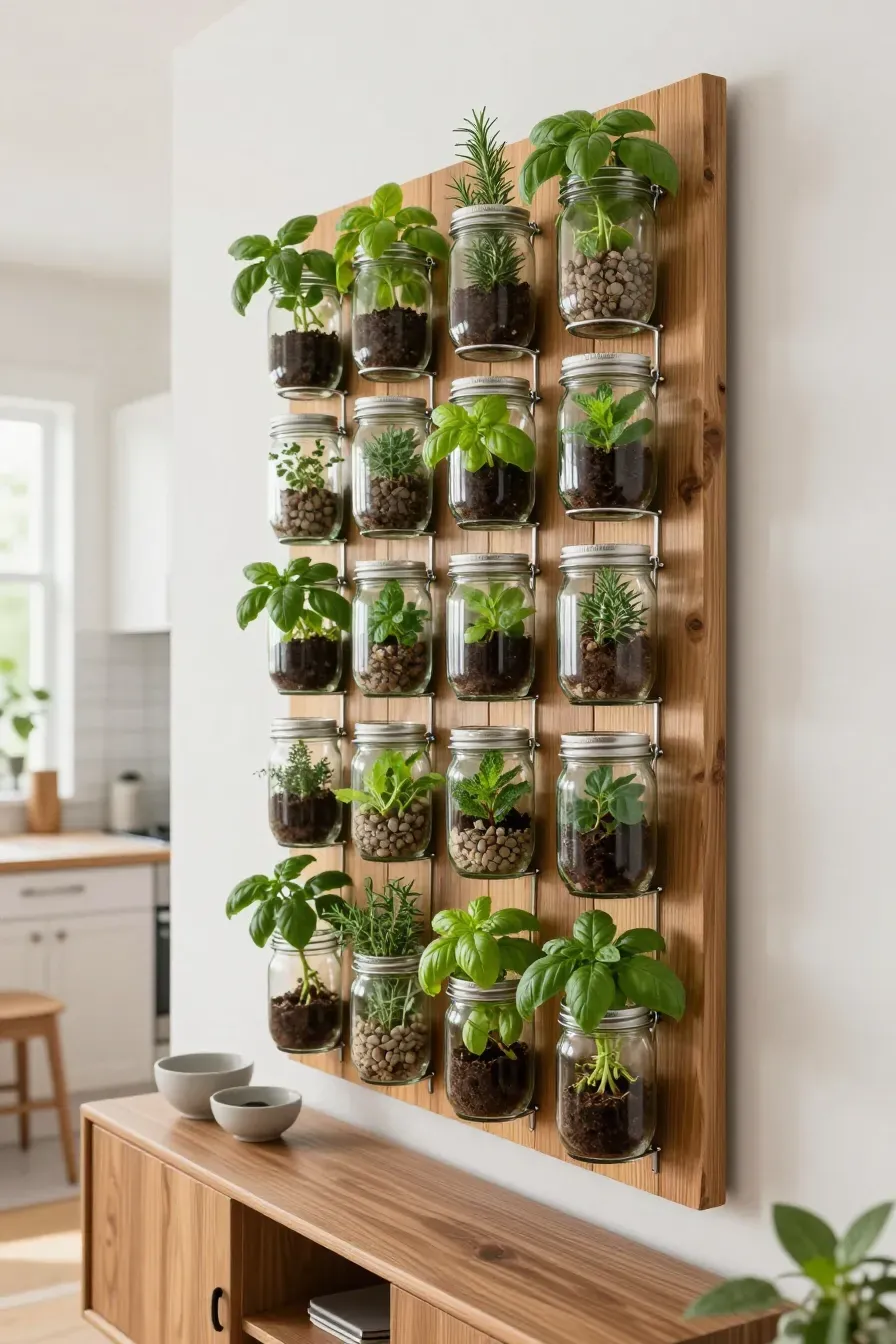 A vertical wooden board with mason jars holding fresh herbs mounted on a living room wall.