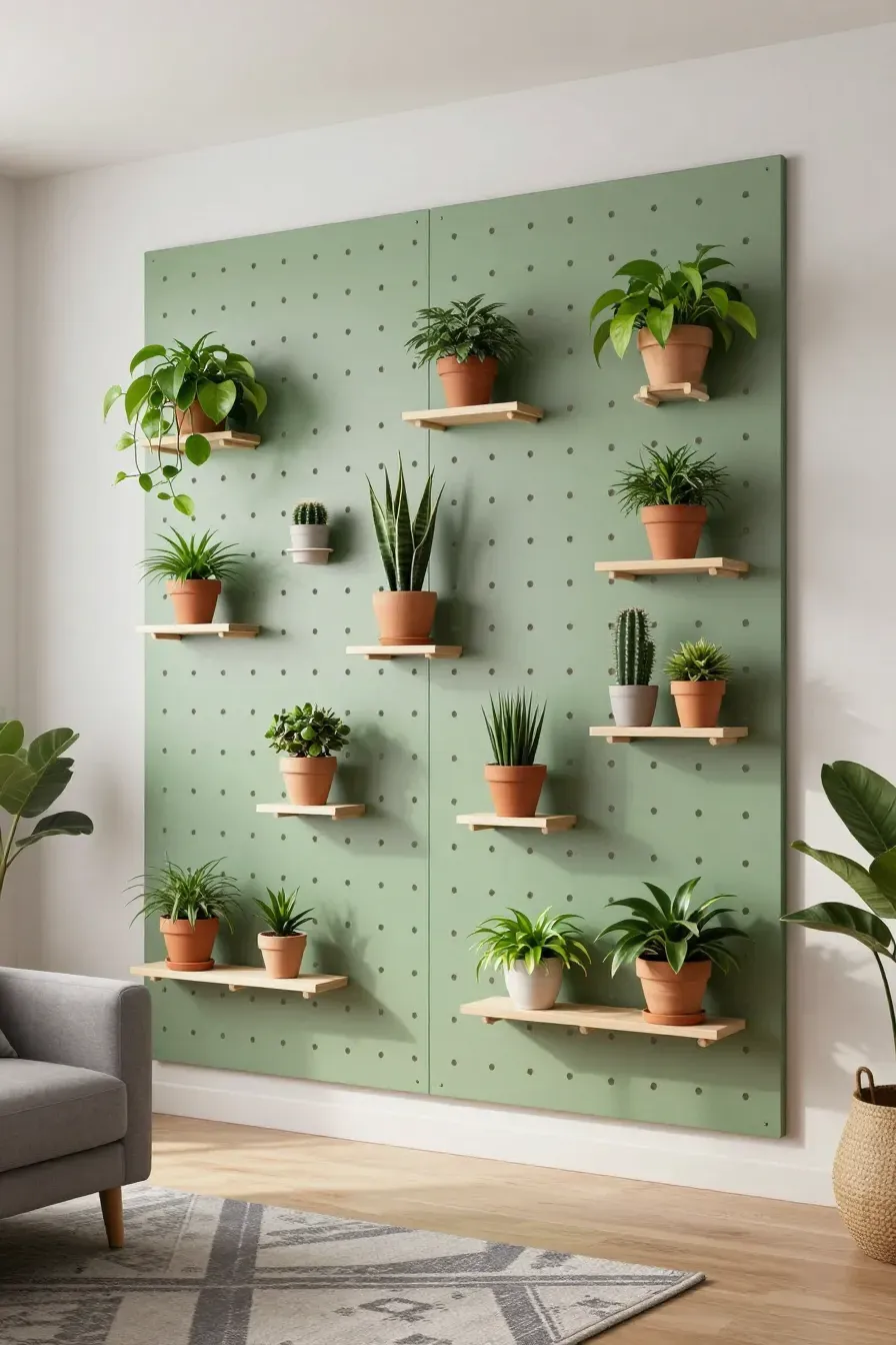 A large sage green pegboard wall with shelves holding various potted plants in a modern room.