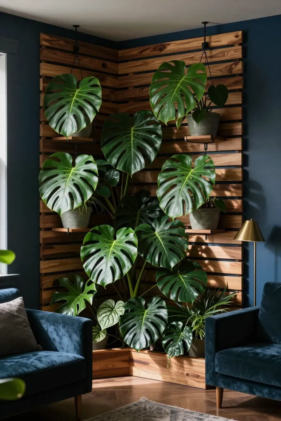 A corner wood slat wall with large hanging Monstera plants in a stylish living room.