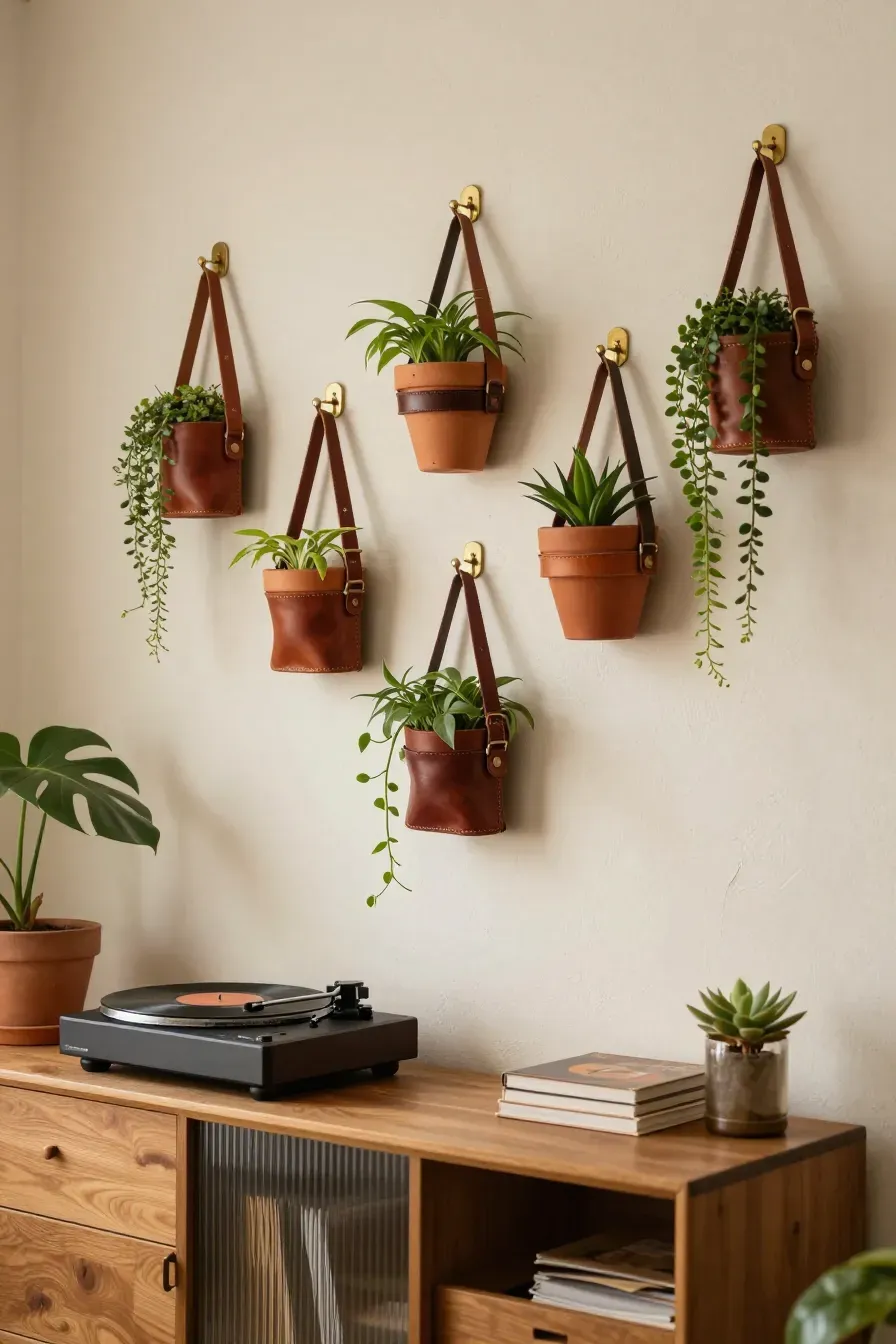 Terracotta pots hanging from a living room wall using vintage leather belts as cradles.
