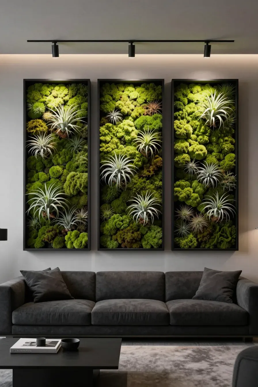 Three large shadow boxes filled with green moss and air plants hanging above a sofa.