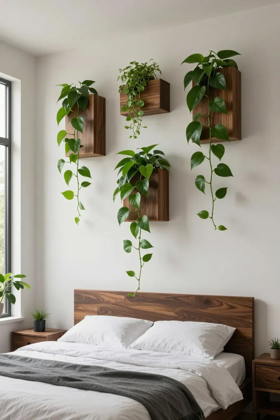 Trailing Pothos plants cascading from dark wooden boxes mounted on a white bedroom wall.