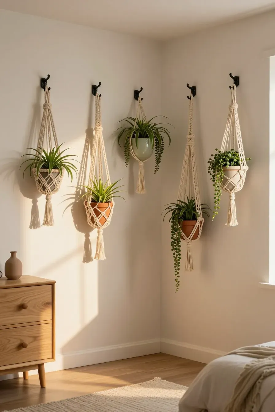 Bohemian macram	 plant hangers suspended from black iron hooks in a sunlit bedroom corner.