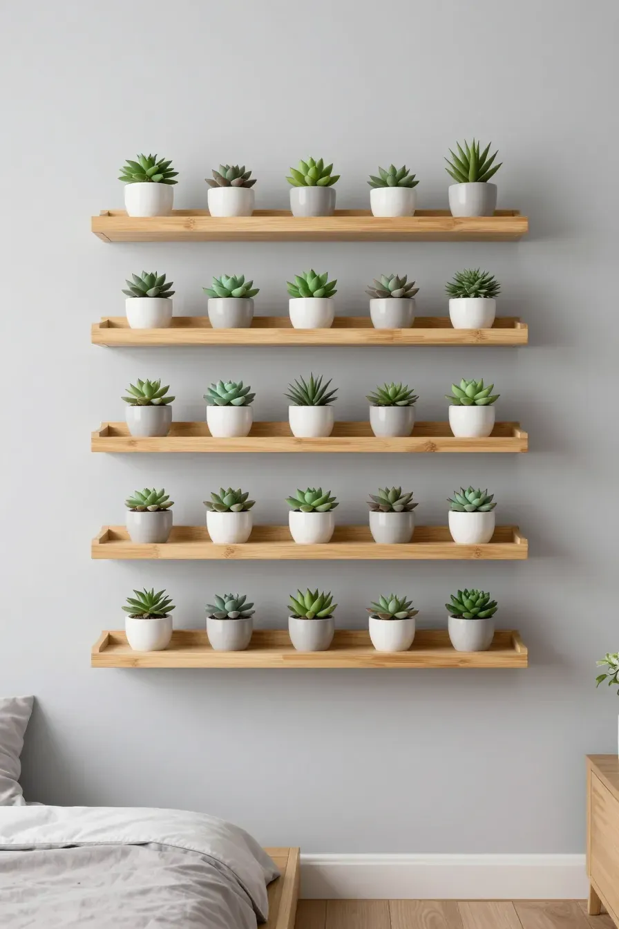 Minimalist bamboo floating shelves holding small succulents in ceramic pots on a gray bedroom wall.