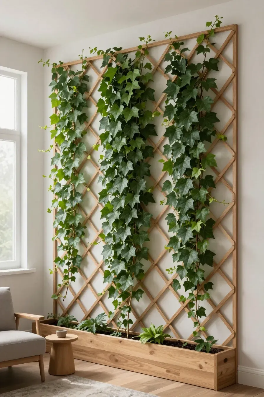 A full-height wooden trellis covered in climbing English Ivy on a bedroom wall.